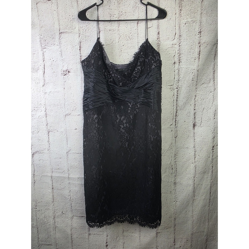 Anne Klein Black Lace Spaghetti Strap Sheath Dress Silk Satin Waist Sz 16 - Picture 2 of 13